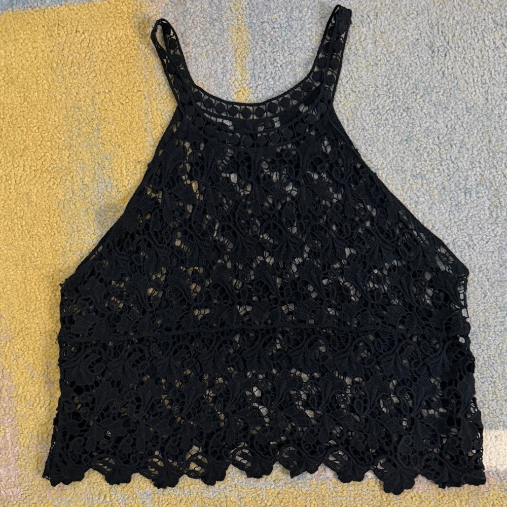 Black Crochet Lace Boho Halter Top Womens S Festival Goth Sheer Guipure Floral - Picture 7 of 11